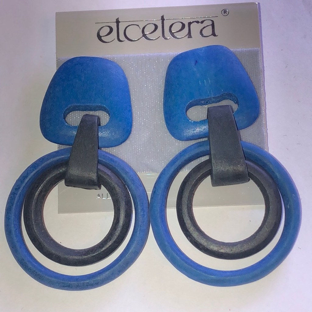 Etcetera Vintage Blue And Navy Blue Retro Boho Wooden Statement Earrings